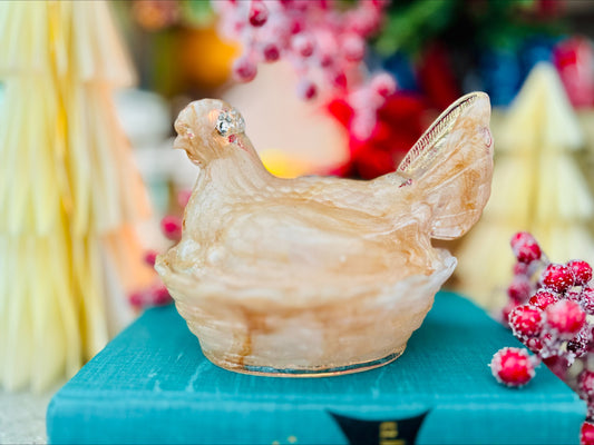Peach Swirl Glass Hen on Nest 6"