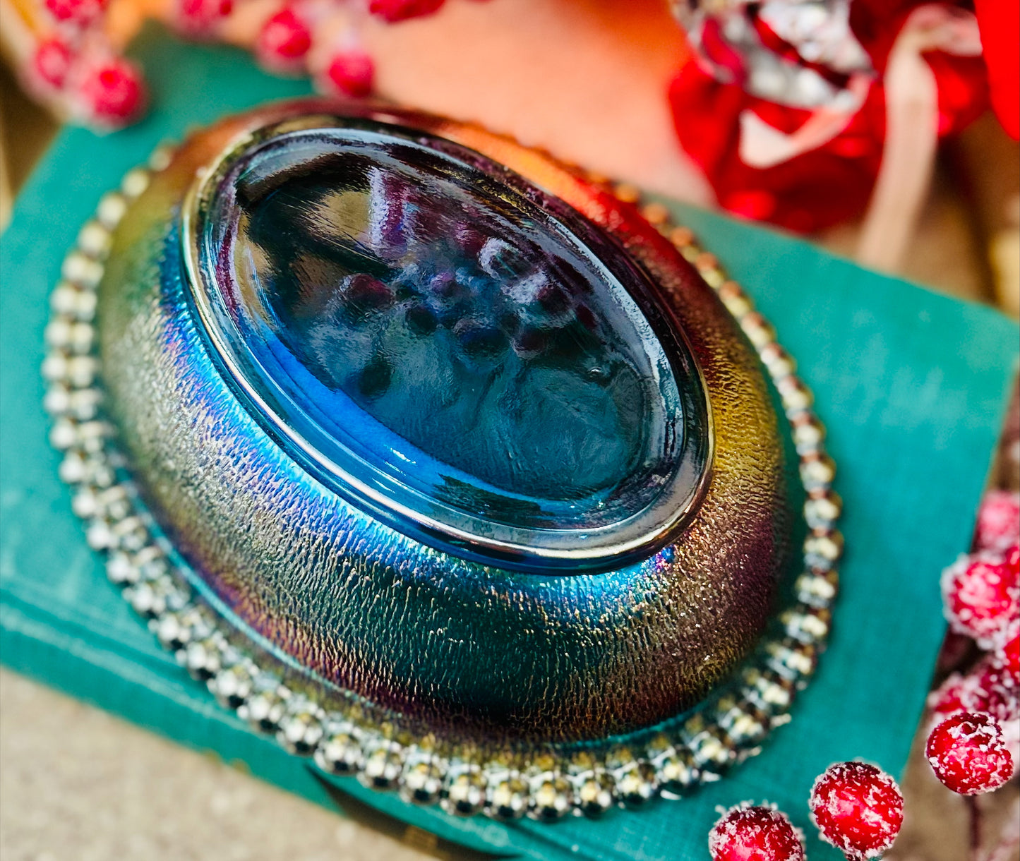 7" Indiana Dark Blue Carnival Glass Hen on Nest-Iridescent, Striated and Stunning