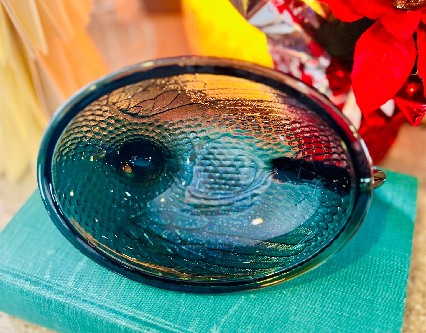 Vintage Indiana Blue Carnival Glass Hen on Nest 7" *straited/textured nest