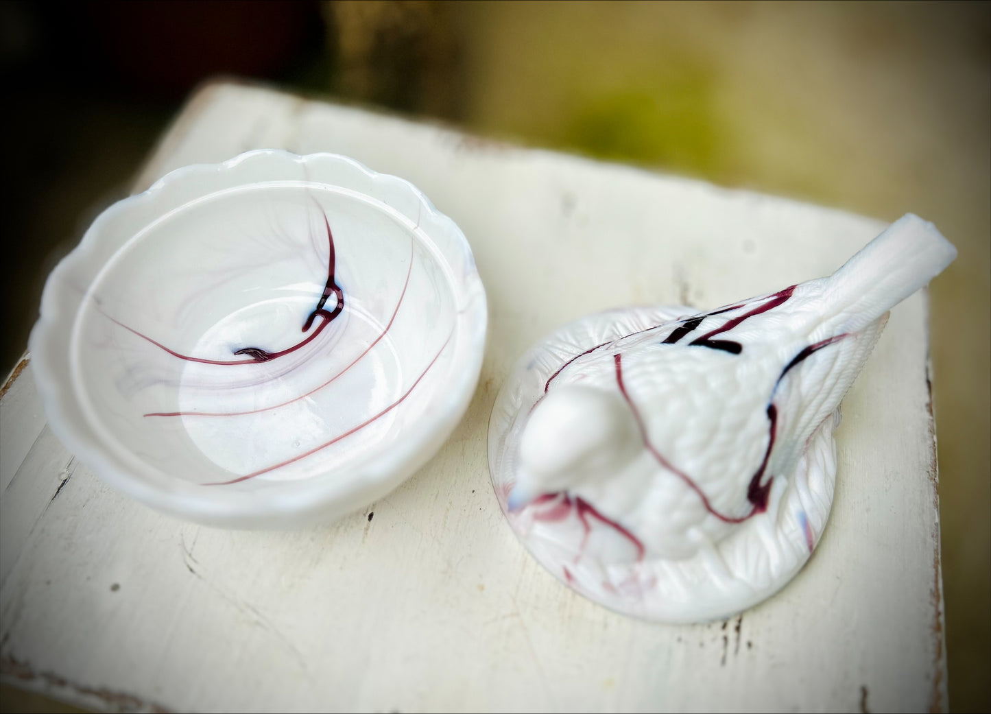 Collectible Vintage Milk Glass Slag Glass Bird on Nest- White with Purple Swirls.