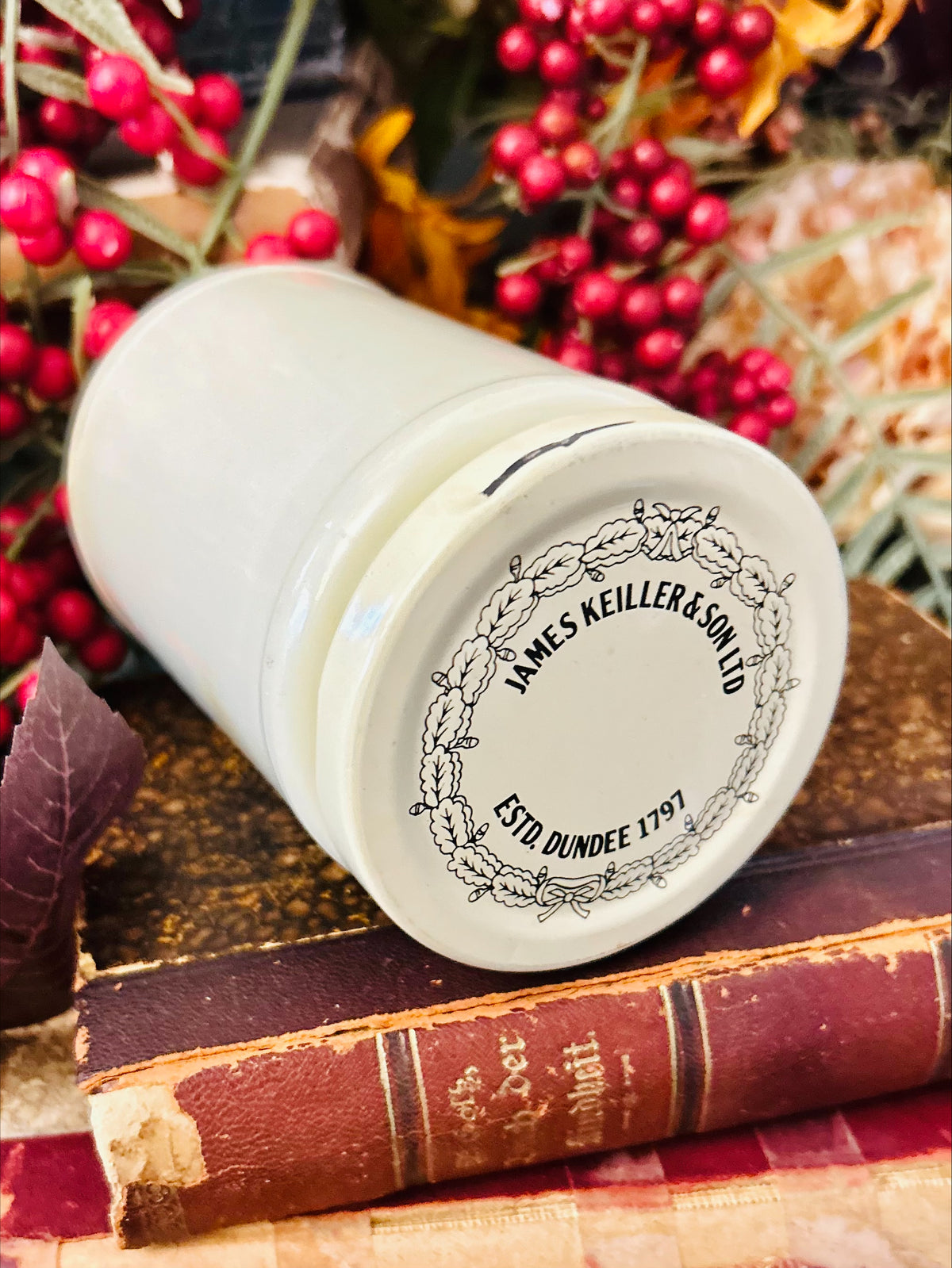 Vintage James Keiller & Son Dundee Marmalade Jar / Ivory Milk Glass with Original Lid