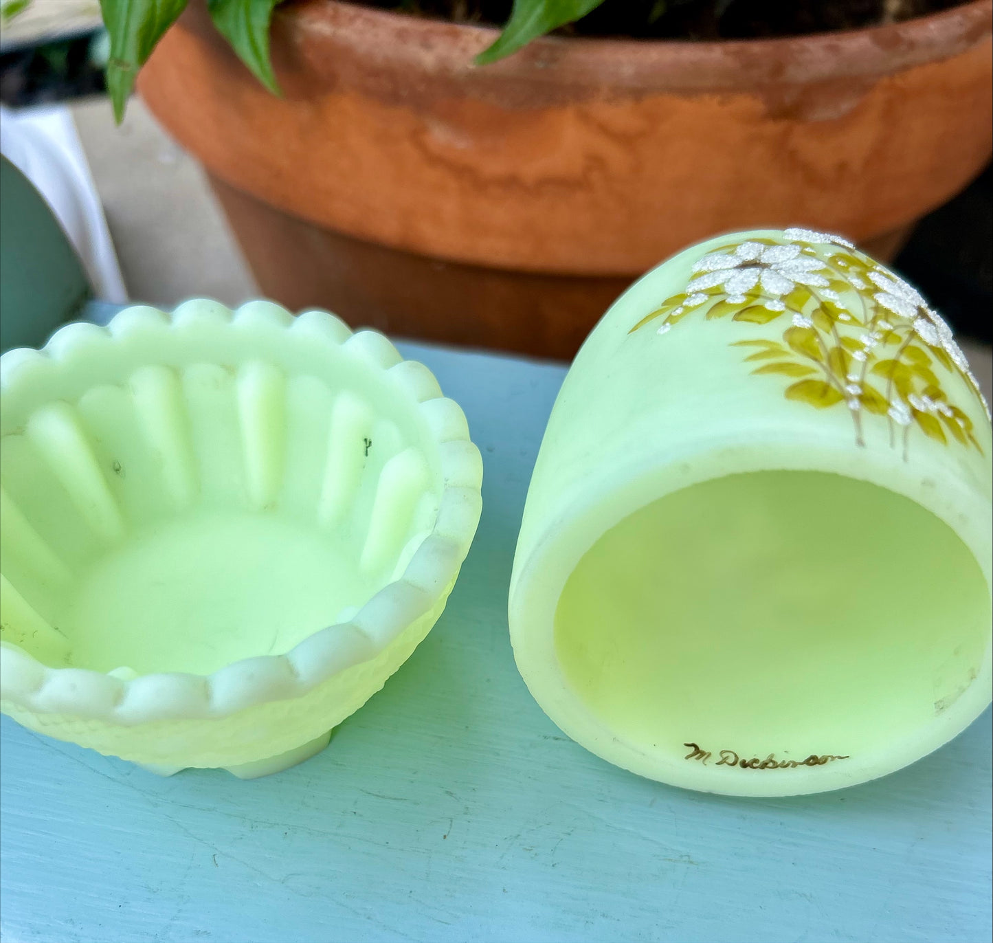Vintage Hand Painted and signed Fenton Uranium Glass Satin Custard Fairy Lamp.