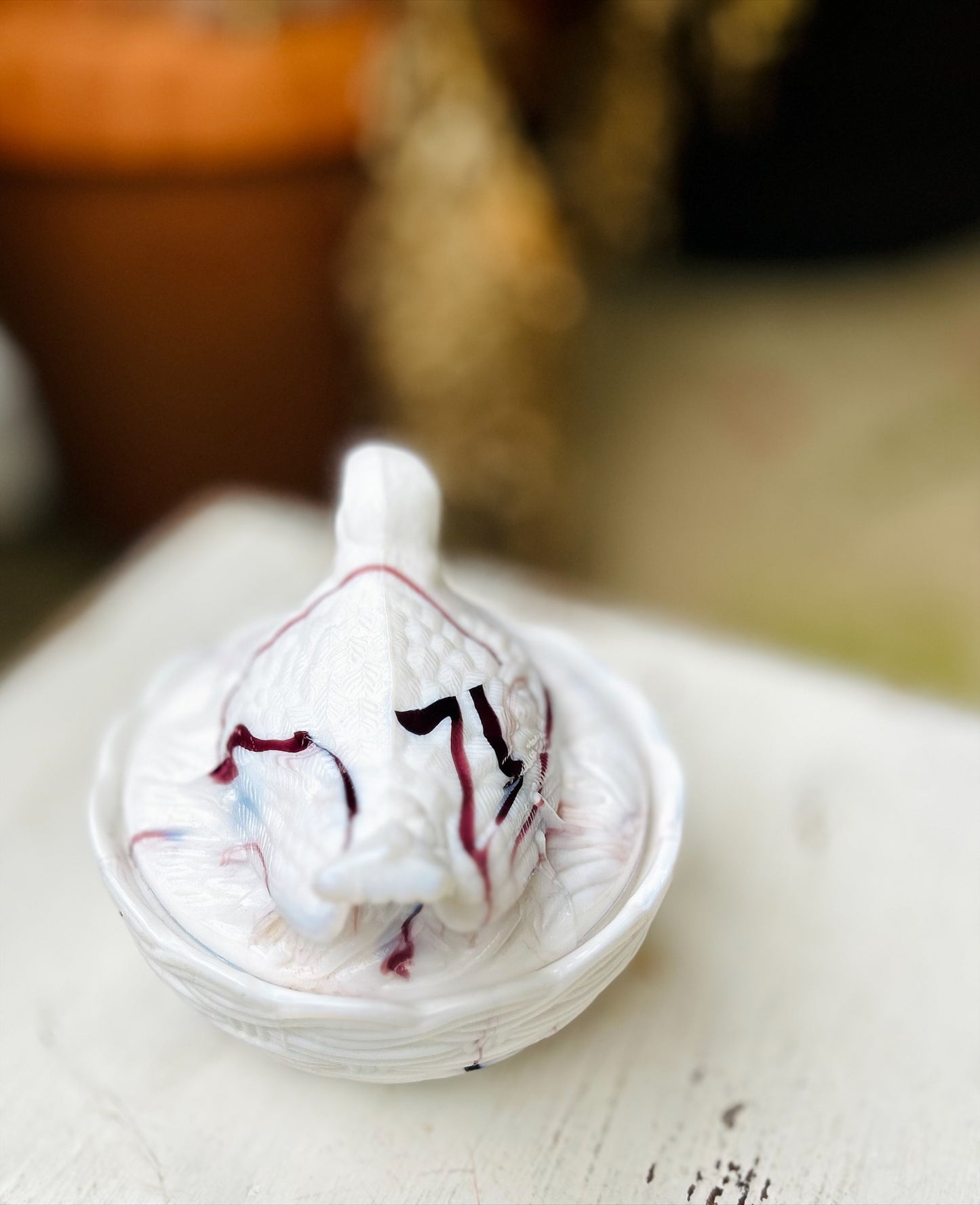 Collectible Vintage Milk Glass Slag Glass Bird on Nest- White with Purple Swirls.