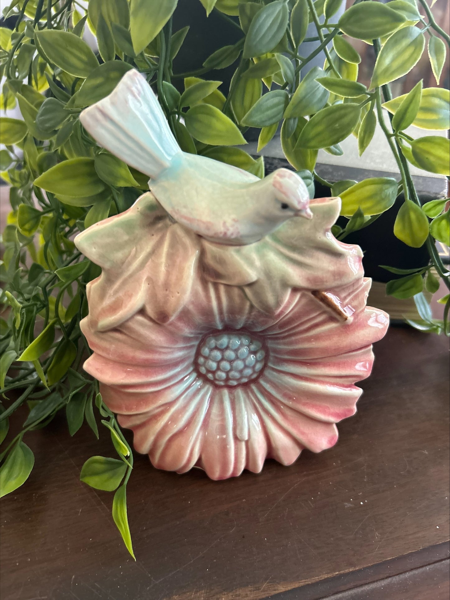 Vintage 1940's Original McCoy Song Bird Wall Pocket Sunflower Pink/Aqua