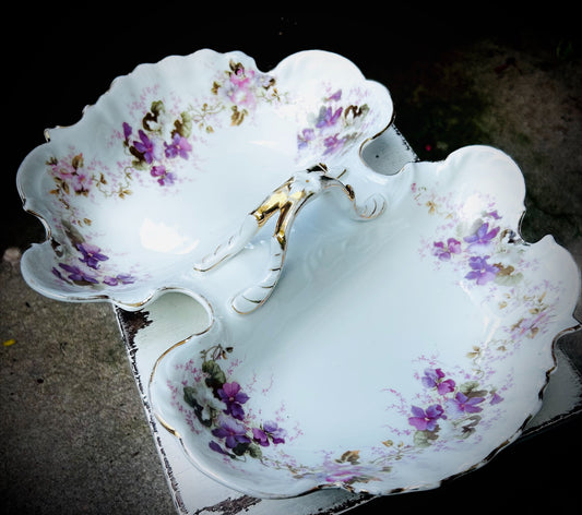 Vintage Divided Vegetable bowl with purple florals, gold rim.