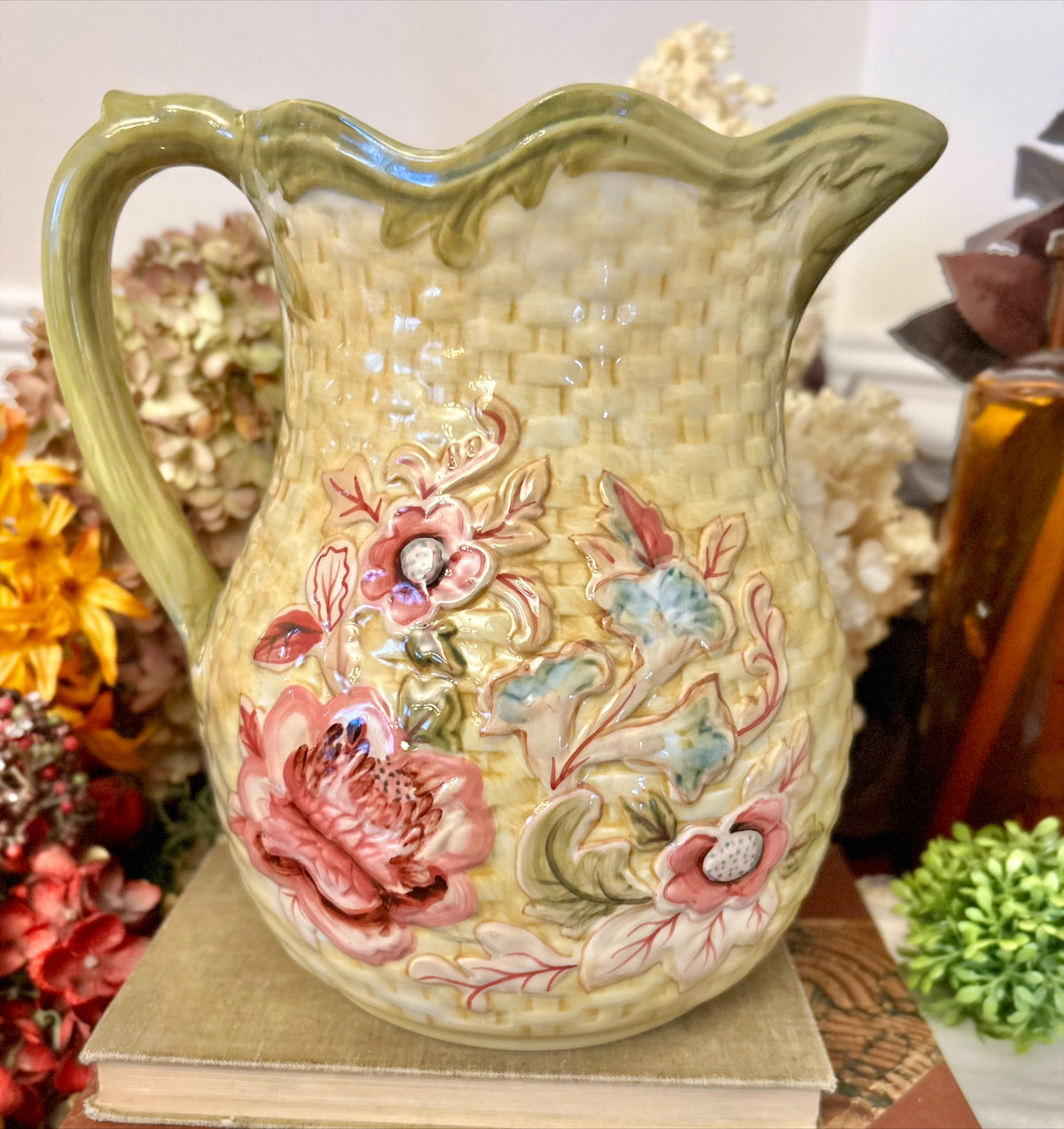Longaberger Basketweave Floral Pitcher