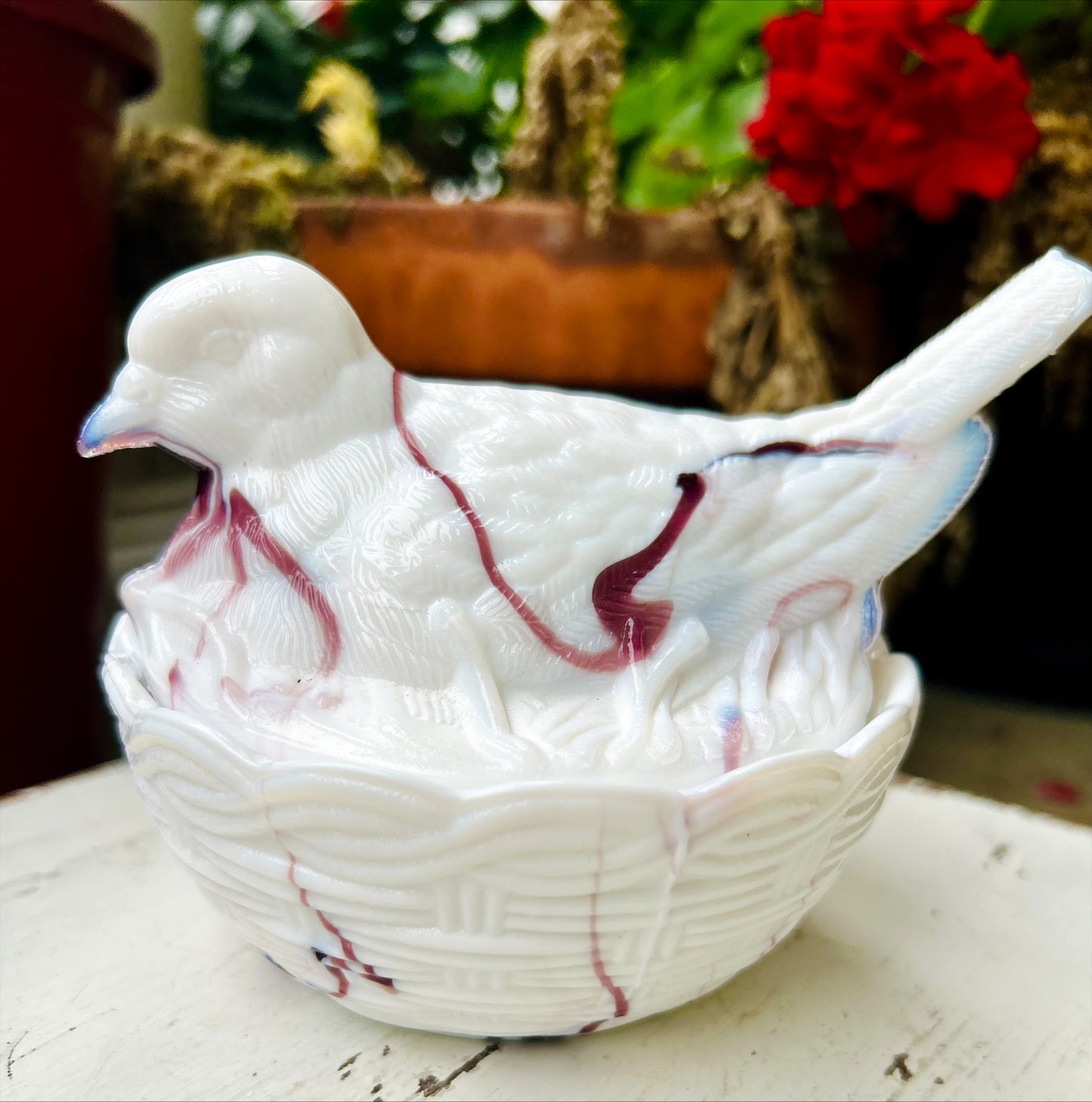 Collectible Vintage Milk Glass Slag Glass Bird on Nest- White with Purple Swirls.