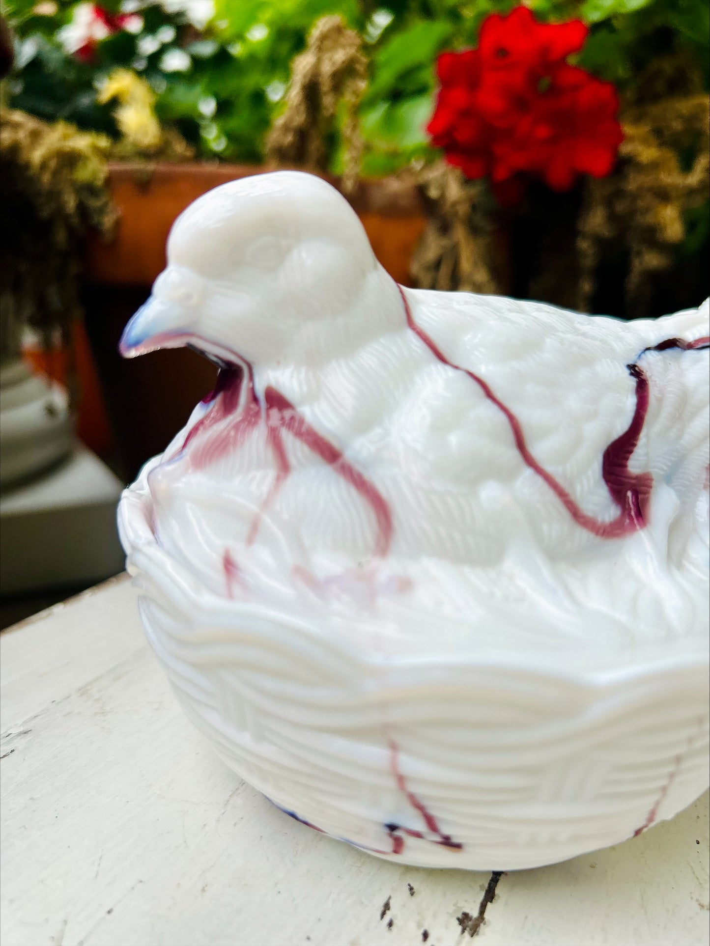Collectible Vintage Milk Glass Slag Glass Bird on Nest- White with Purple Swirls.