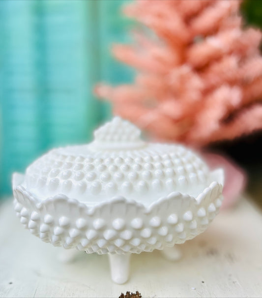 6" Hobnail Milk Glass Oval Candy dish with Lid