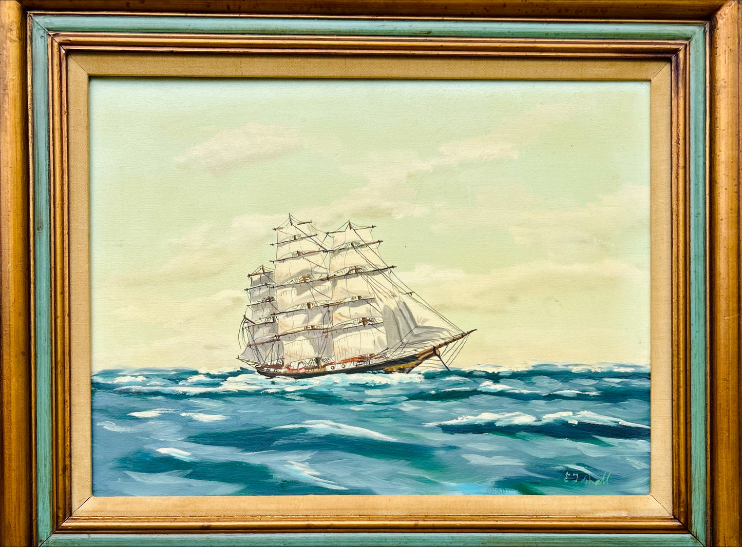 Vintage Oil on Canvas Ship Painting