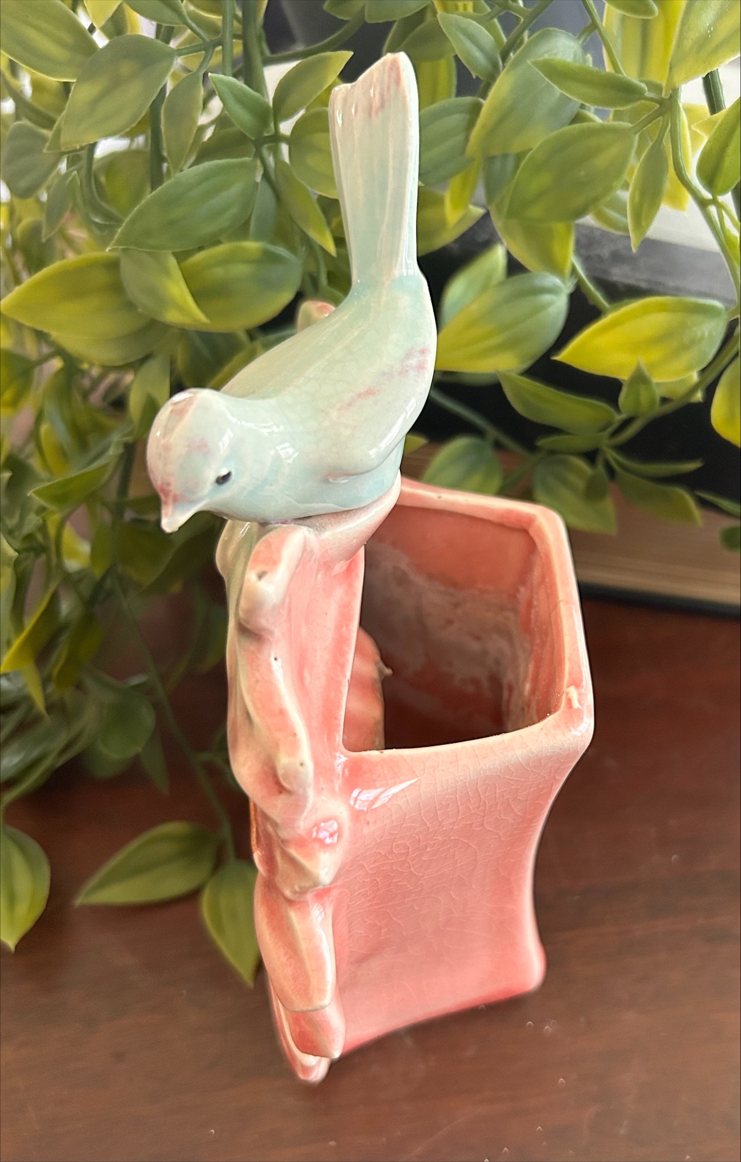 Vintage 1940's Original McCoy Song Bird Wall Pocket Sunflower Pink/Aqua