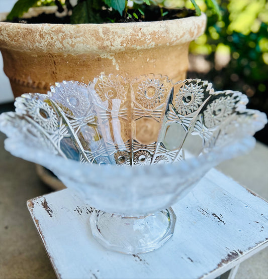 Vintage Bohemia Queen Ann Lace Lead Crystal Pedestal Fruit Bowl Brilliant Cut