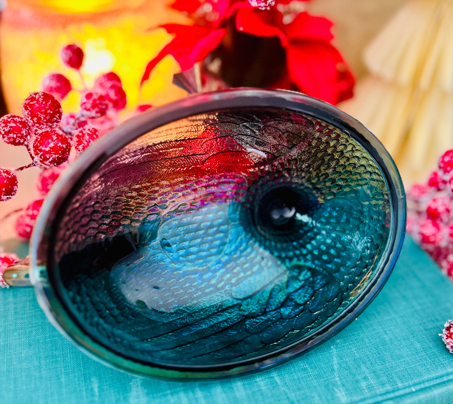 7" Indiana Dark Blue Carnival Glass Hen on Nest-Iridescent, Striated and Stunning