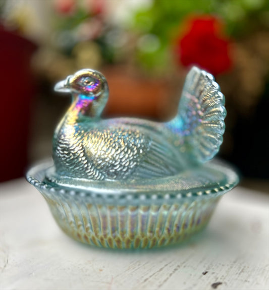 Stunning Vintage Boyd Glass Blue Carnival Iridescent Turkey on Nest.