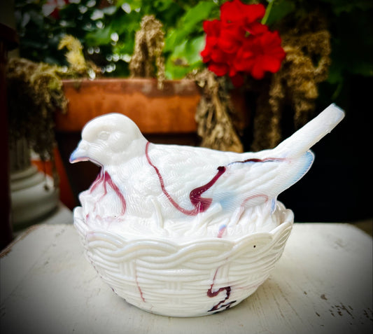 Collectible Vintage Milk Glass Slag Glass Bird on Nest- White with Purple Swirls.