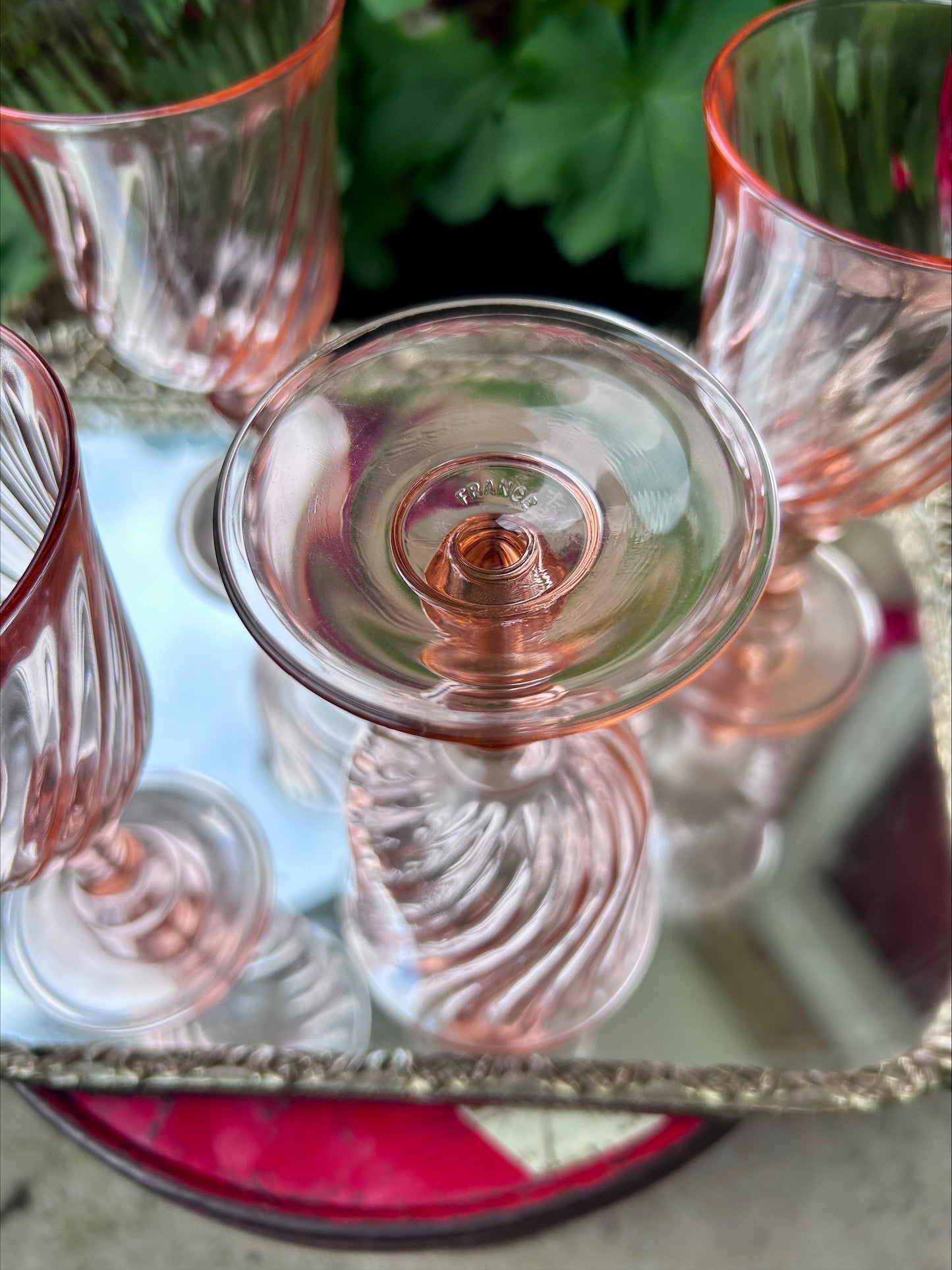 Rosaline Pink Swirl depression Glass Goblets, set of 4. Made in France