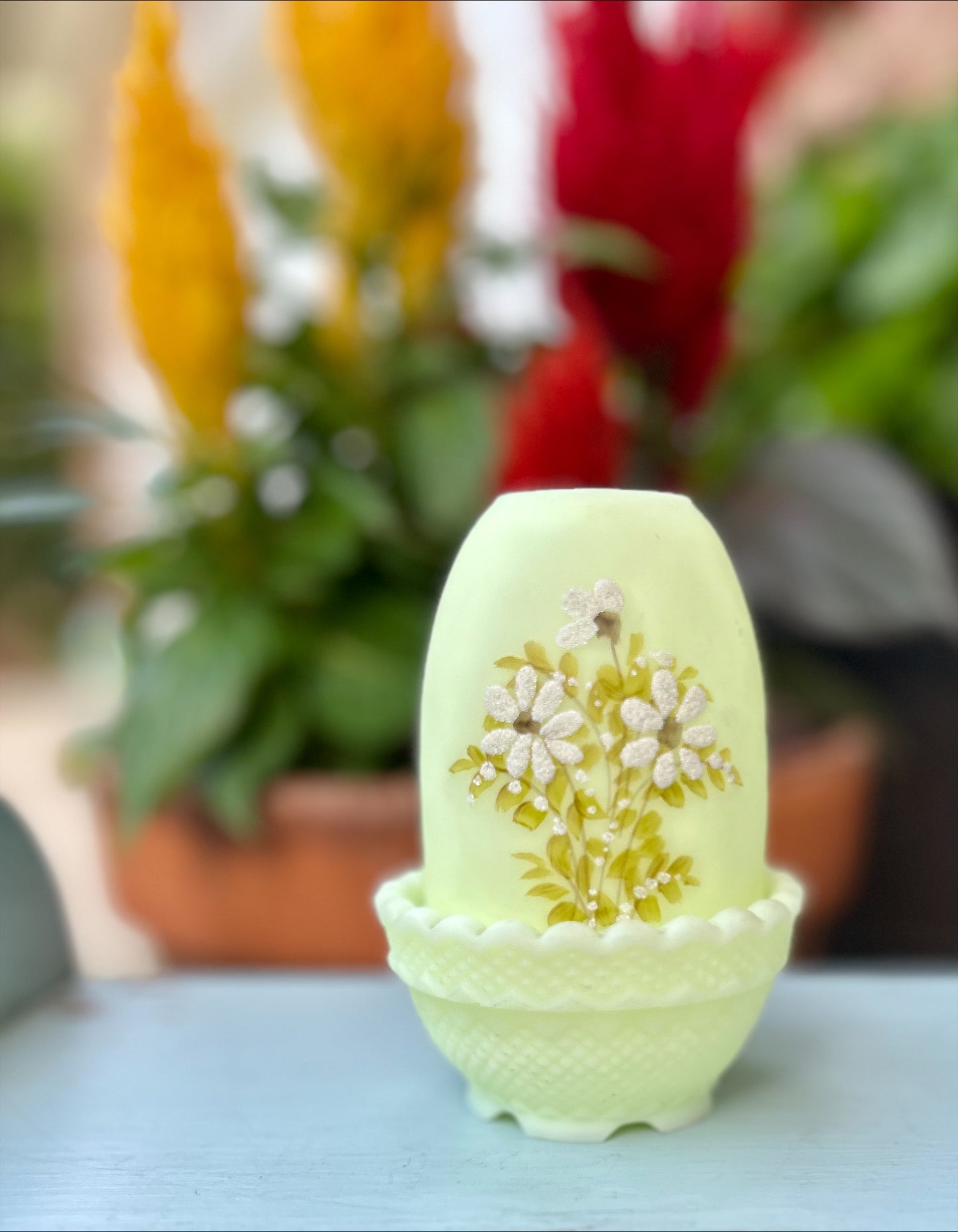 Vintage Hand Painted and signed Fenton Uranium Glass Satin Custard Fairy Lamp.