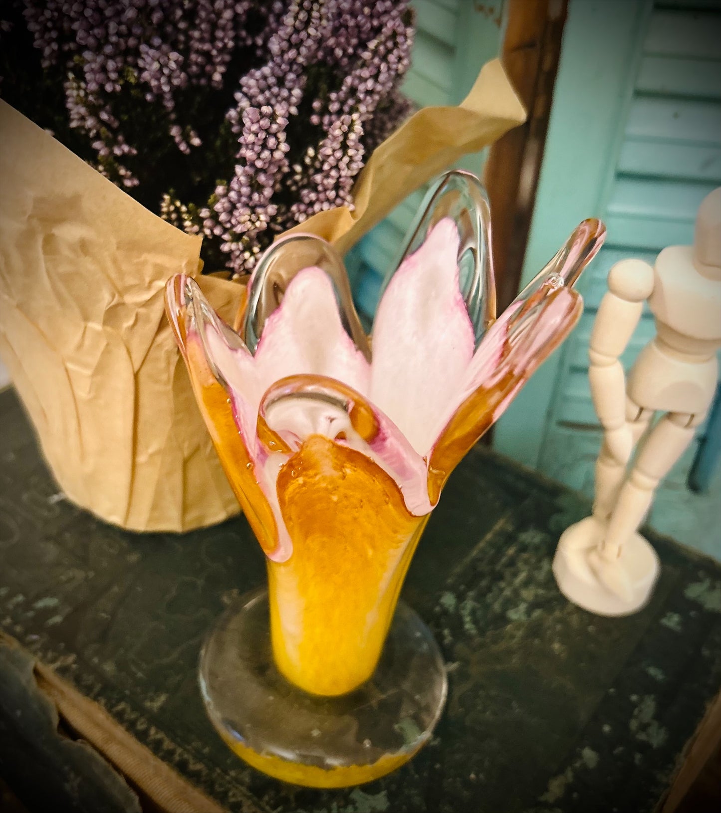 Small Vintage Hand-Blown Yellow and Pink Glass Vase.