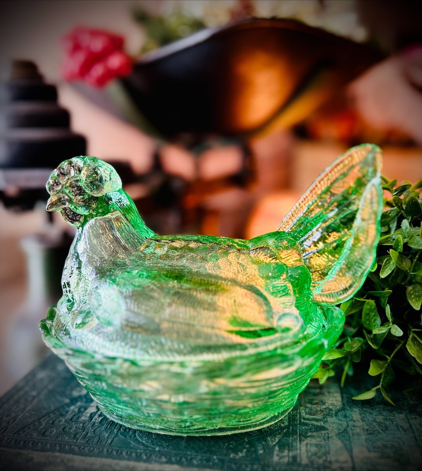 Vintage Green Hen on Nest