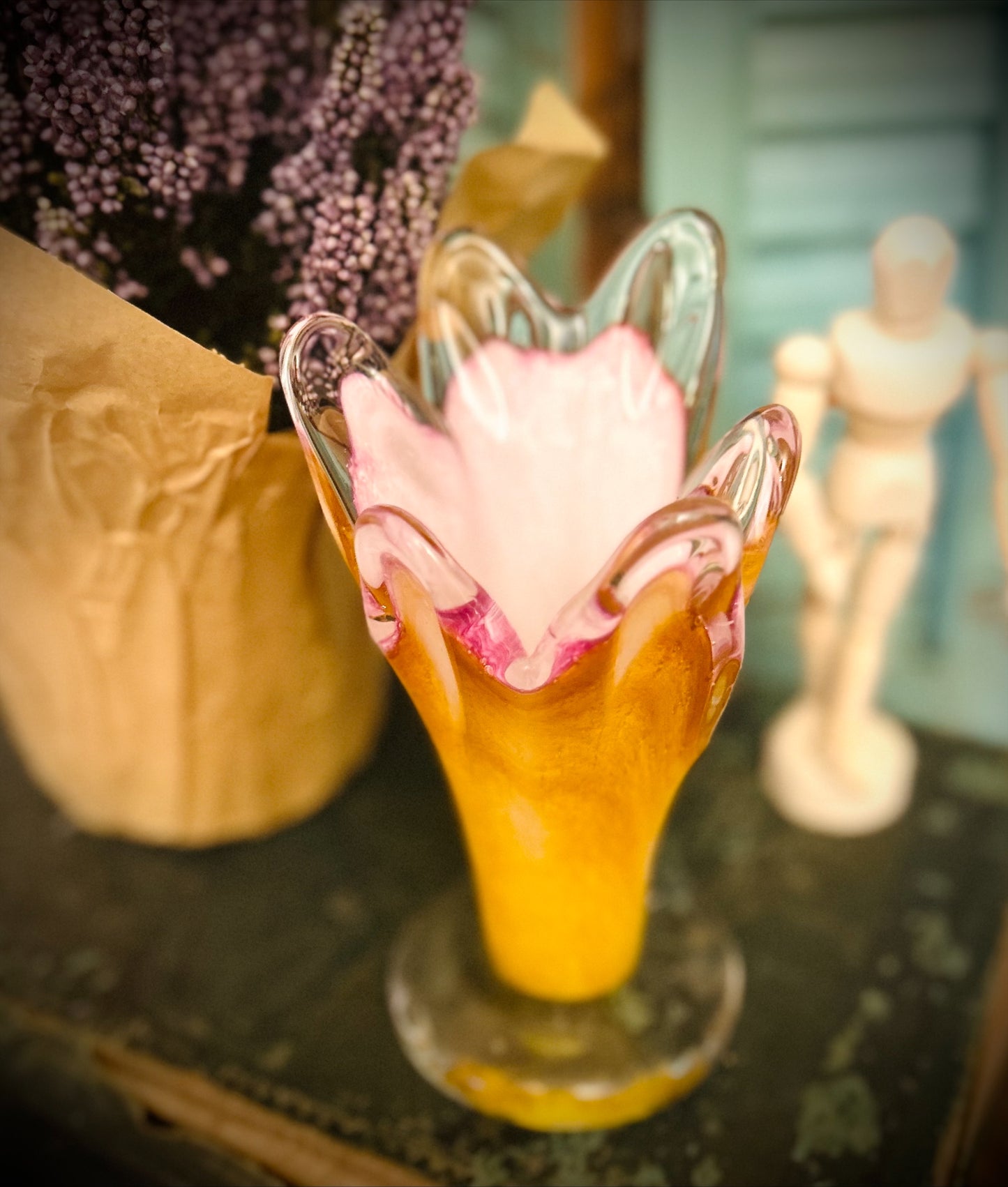Small Vintage Hand-Blown Yellow and Pink Glass Vase.
