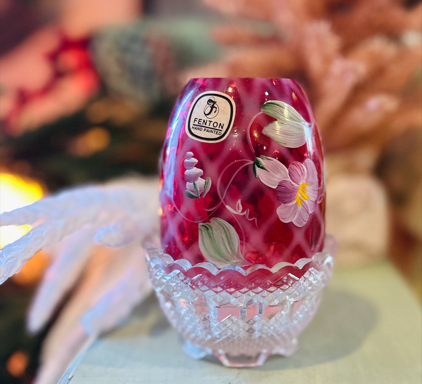 Vintage Fenton Cranberry Quilted design, Hand Painted Floral Motif, Signed Fairy Lamp