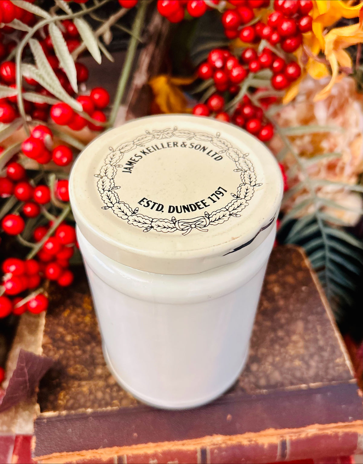 Vintage James Keiller & Son Dundee Marmalade Jar / Ivory Milk Glass with Original Lid
