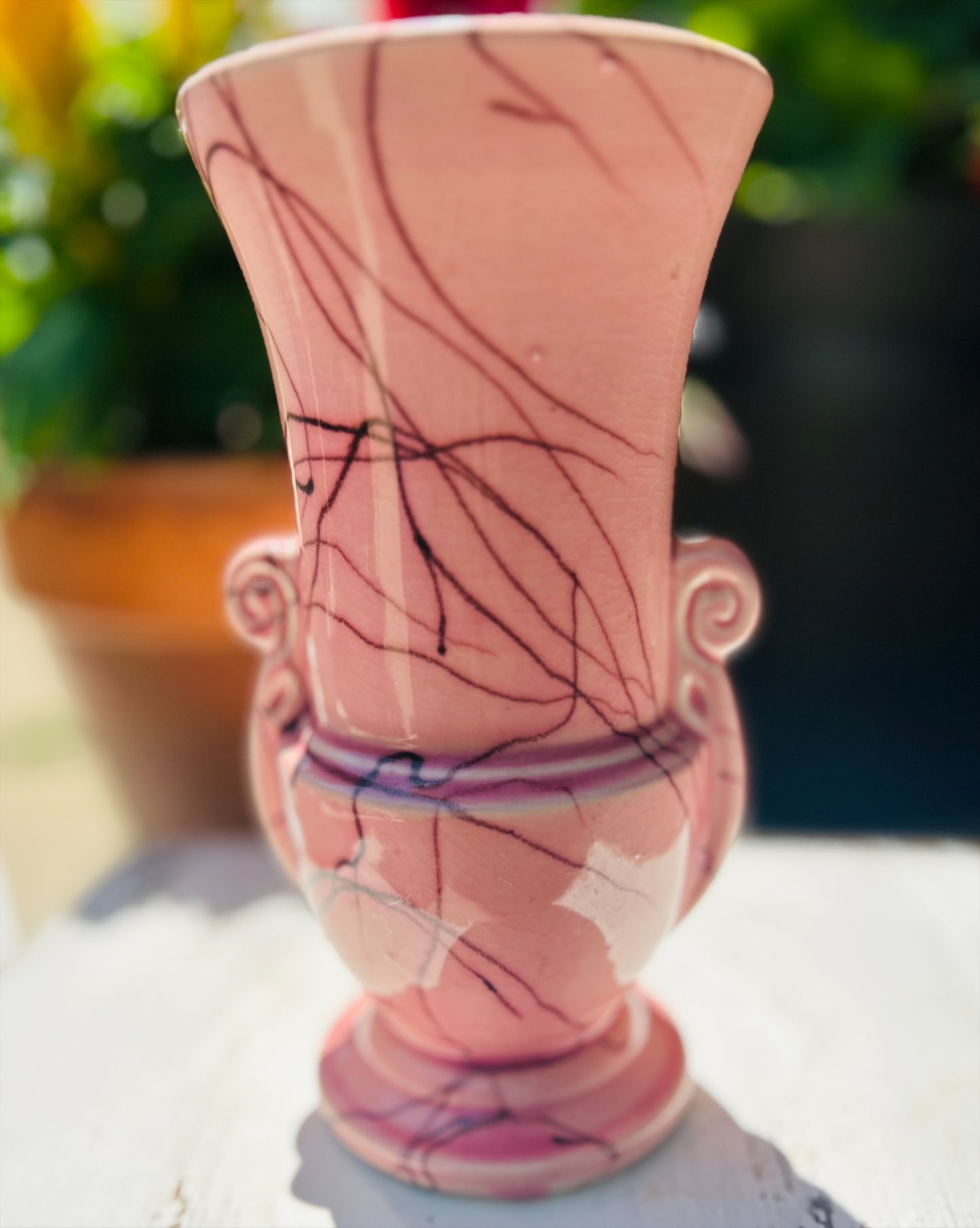 Vintage Pink Spiderweb/Cobweb with Double Handle Vase, Stamped 075