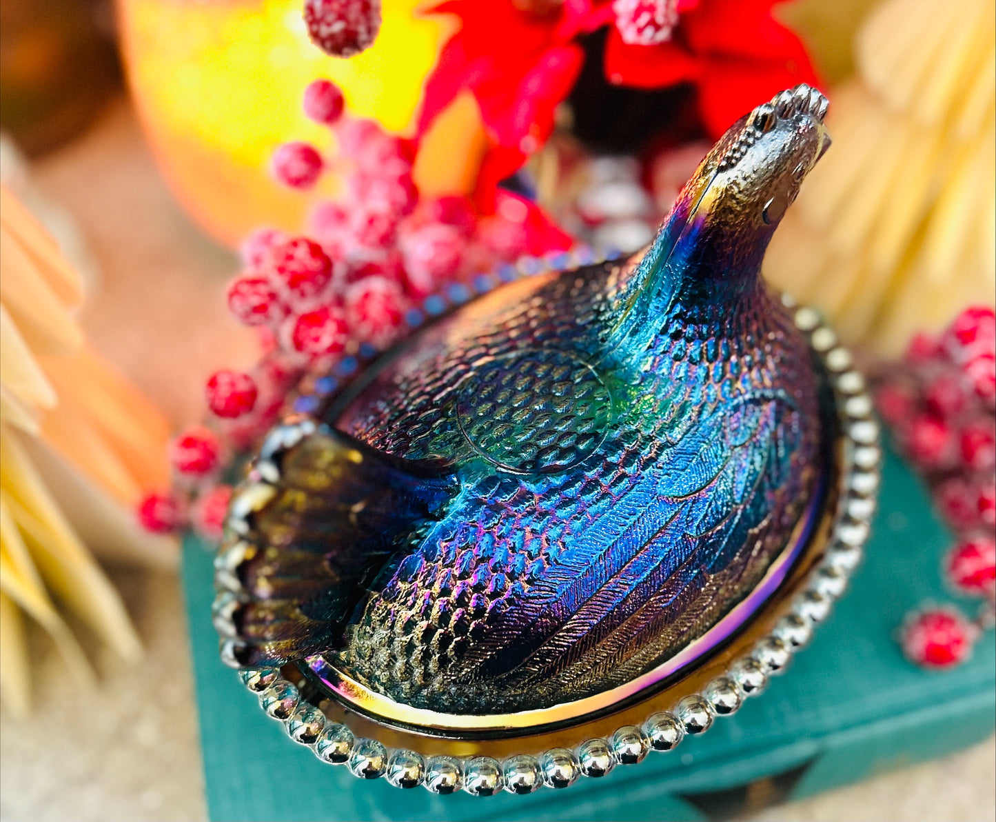 7" Indiana Dark Blue Carnival Glass Hen on Nest-Iridescent, Striated and Stunning