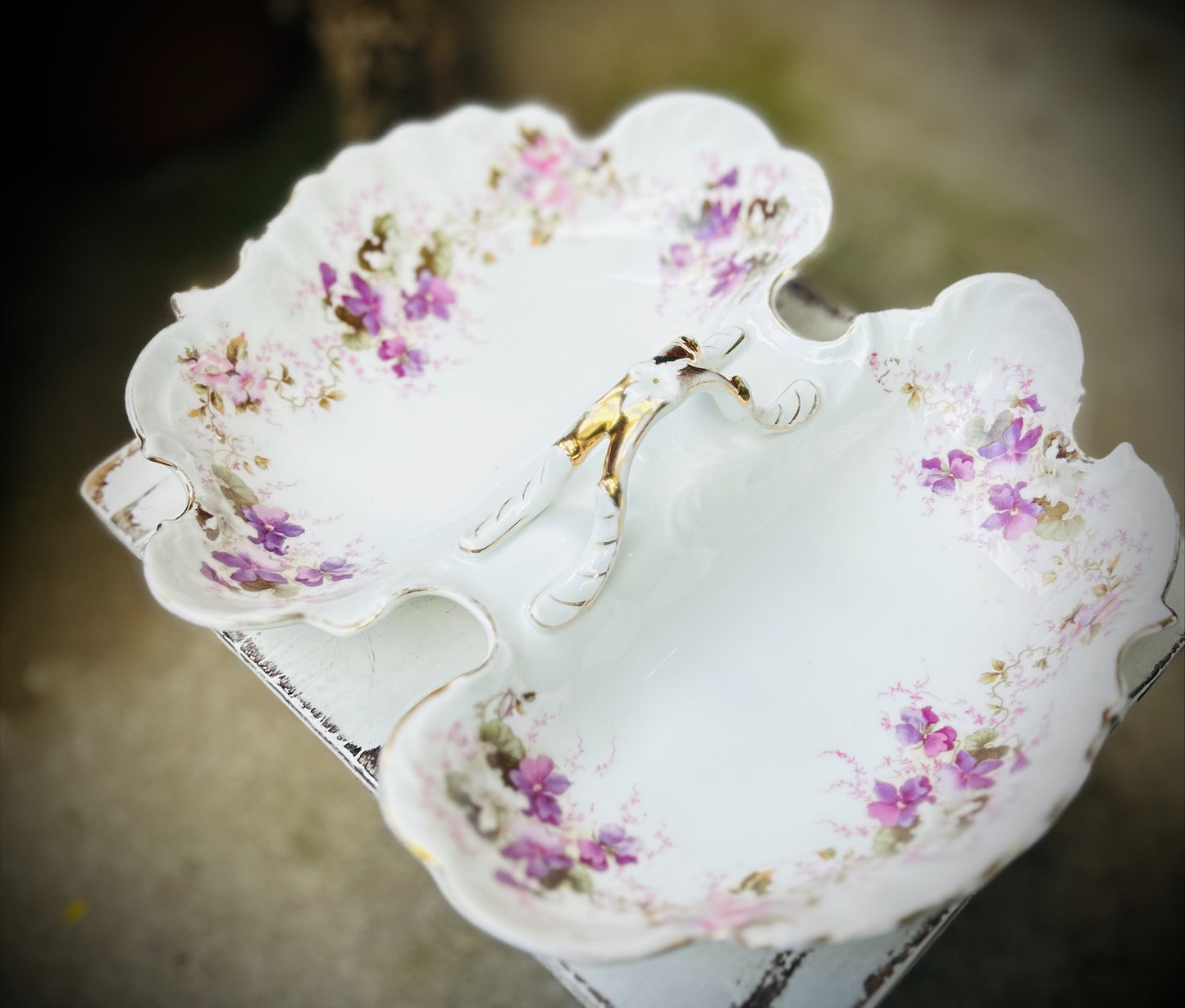 Vintage Divided Vegetable bowl with purple florals, gold rim.