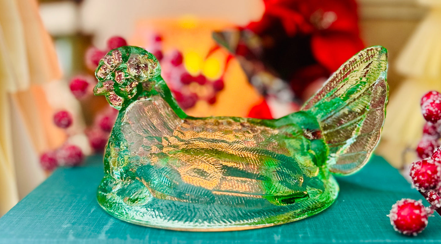 6 inch Green Glass Hen on Nest Classic Vintage Charm