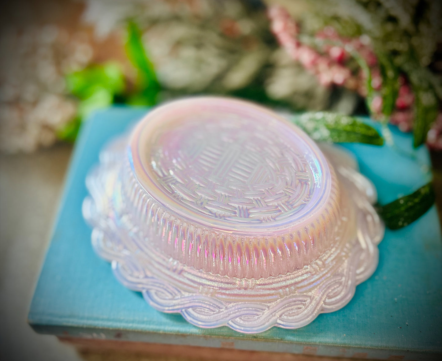 Pink Iridescent Carnival Tuscan Mosser Hen on Nest