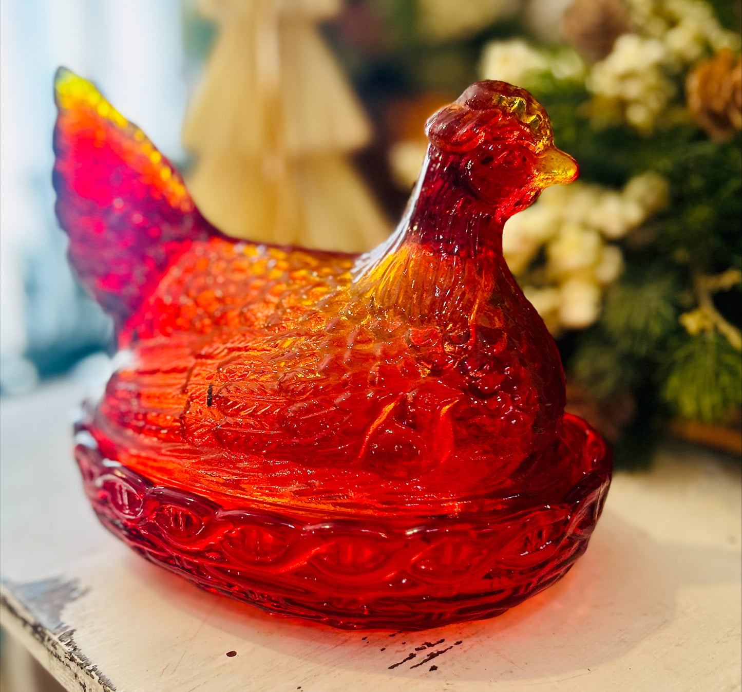 Stunning 6" Vintage L.E. Smith Amberina Flame Hen On Nest *glows under black light