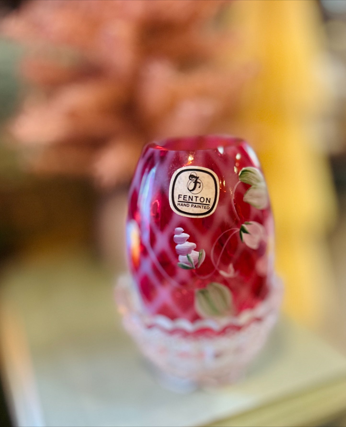 Vintage Fenton Cranberry Quilted design, Hand Painted Floral Motif, Signed Fairy Lamp