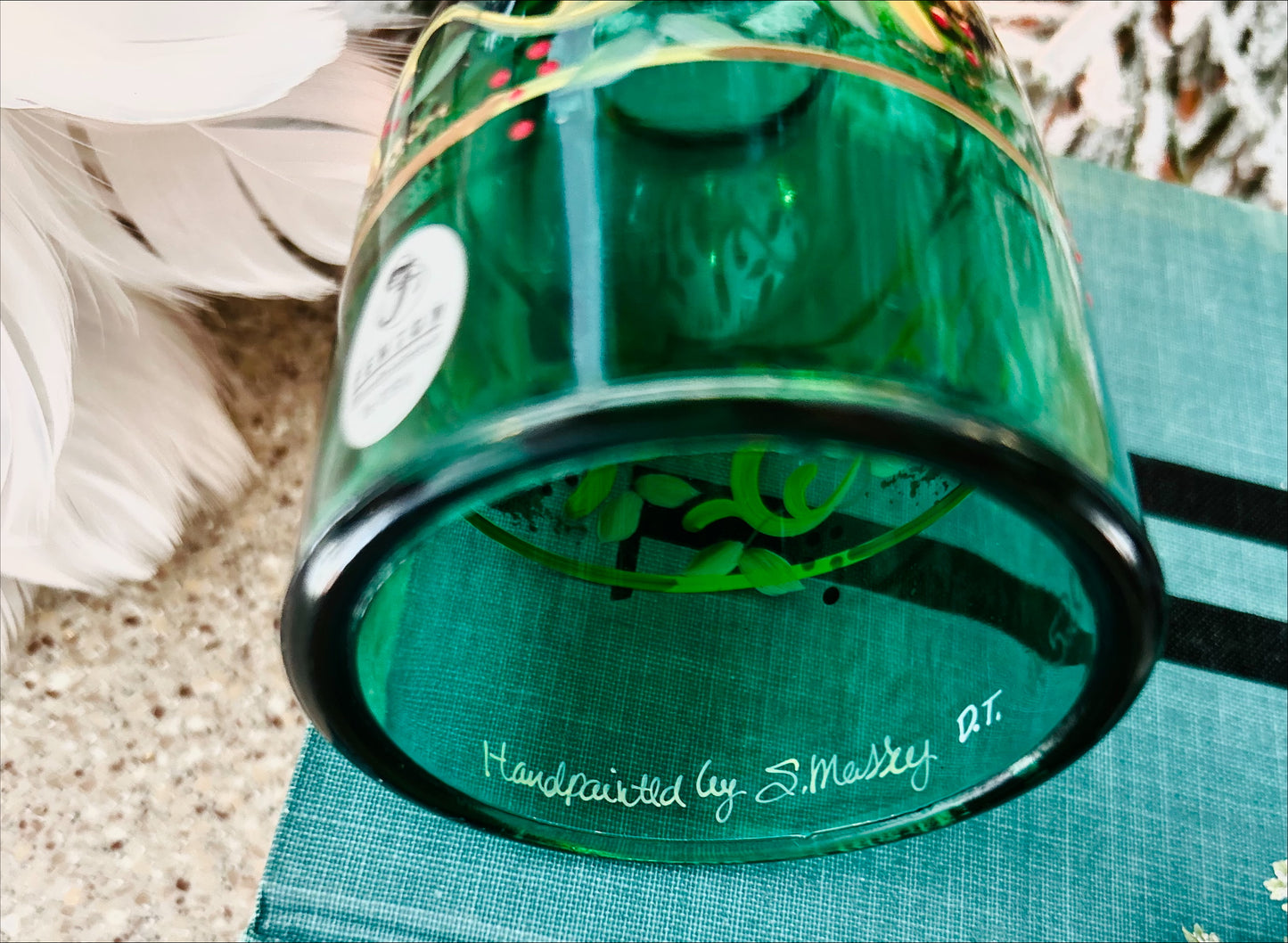 Vintage Fenton Emerald Green Hand Painted, Signed Fairy Lamp.