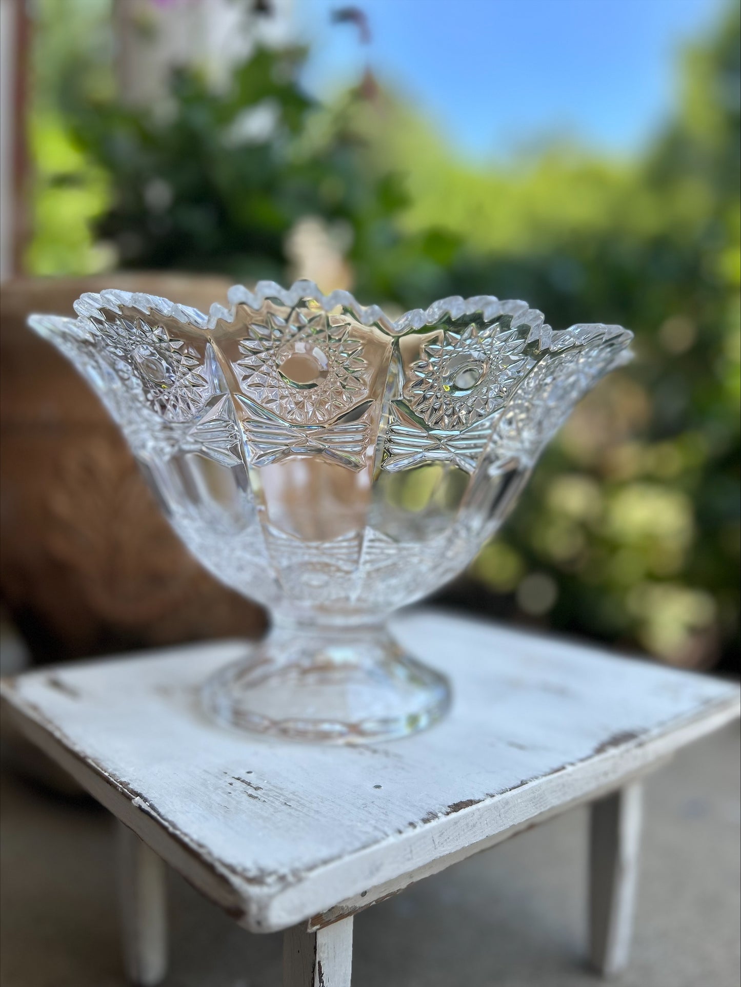 Vintage Bohemia Queen Ann Lace Lead Crystal Pedestal Fruit Bowl Brilliant Cut