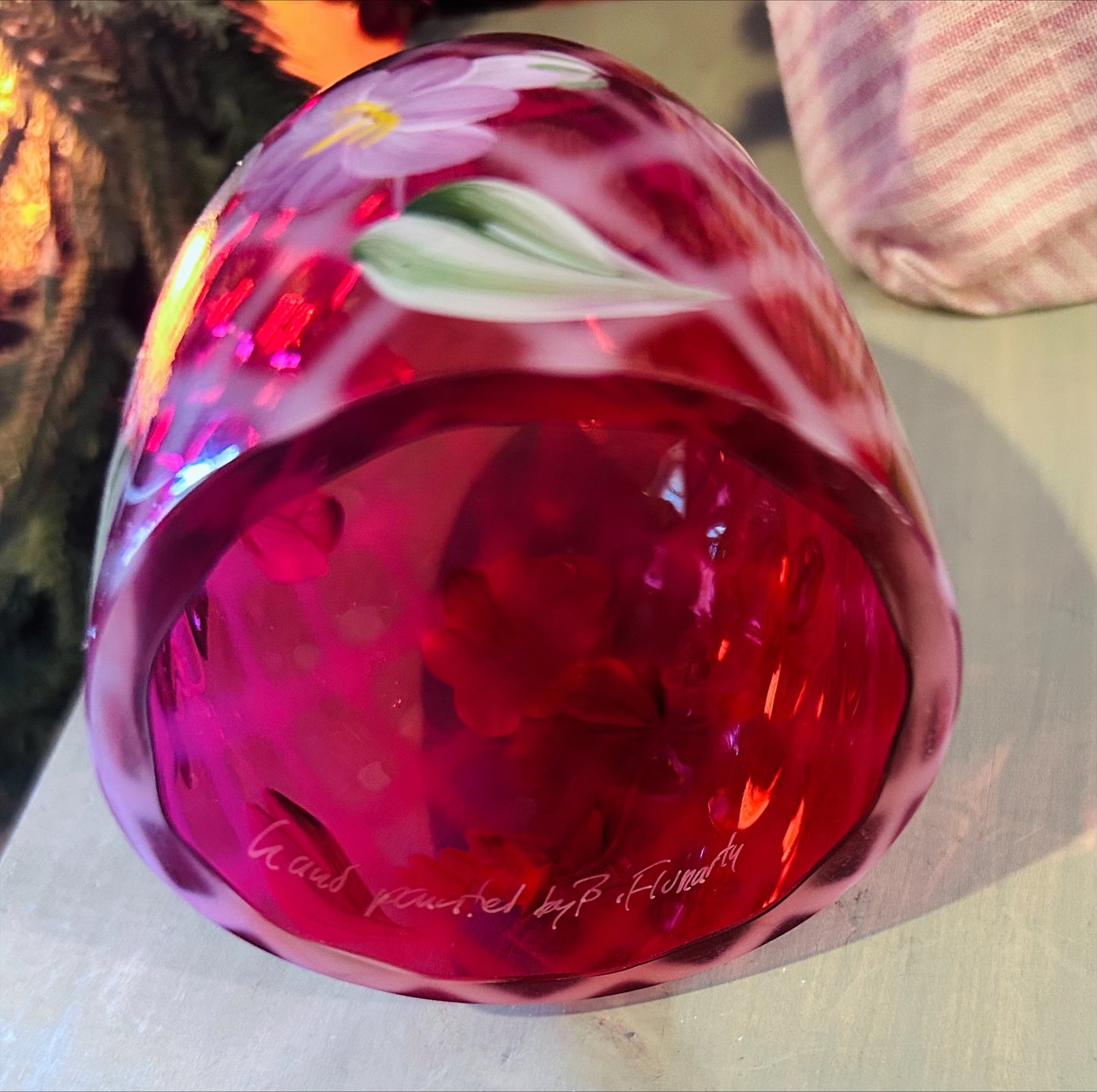 Vintage Fenton Cranberry Quilted design, Hand Painted Floral Motif, Signed Fairy Lamp