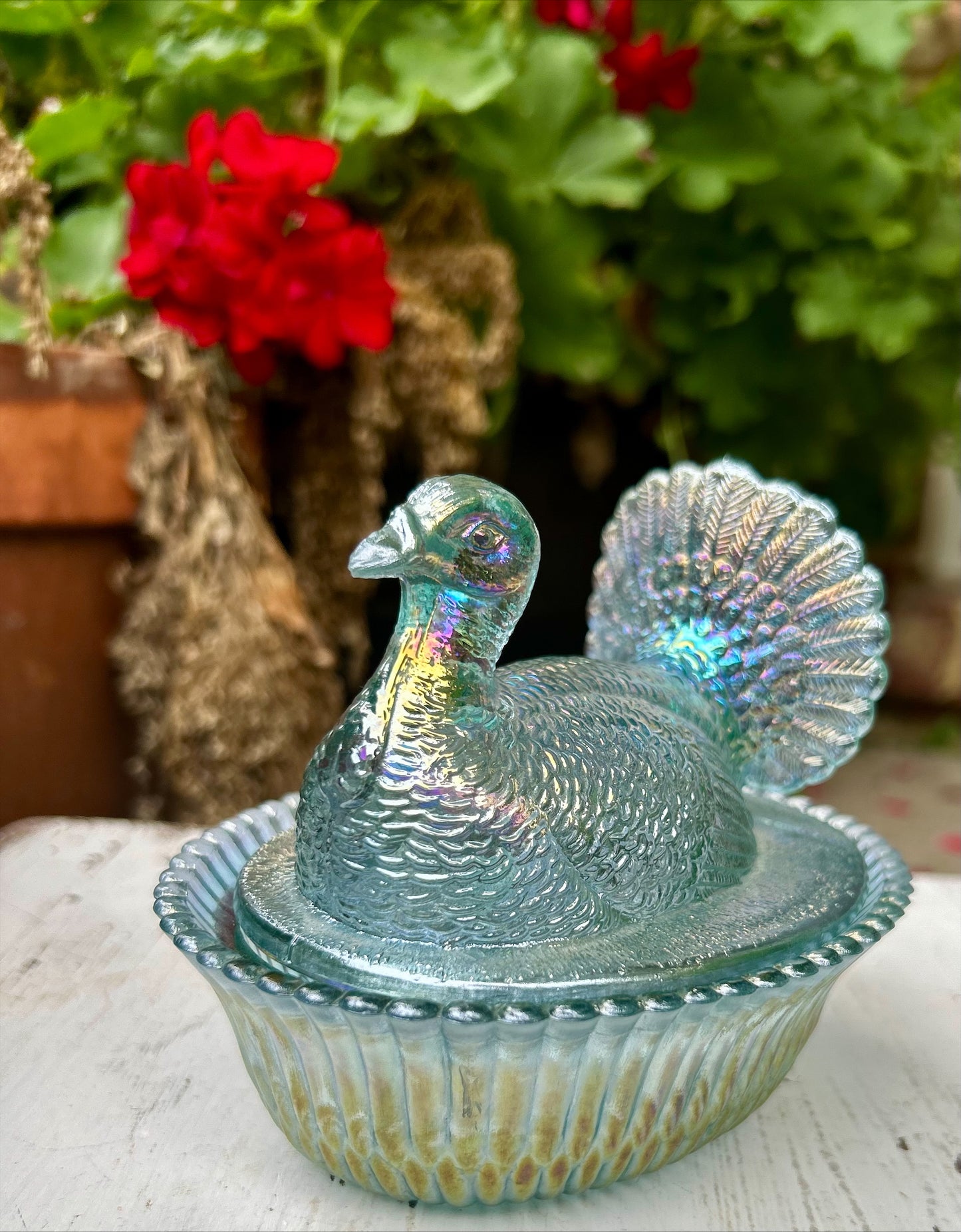 Stunning Vintage Boyd Glass Blue Carnival Iridescent Turkey on Nest.