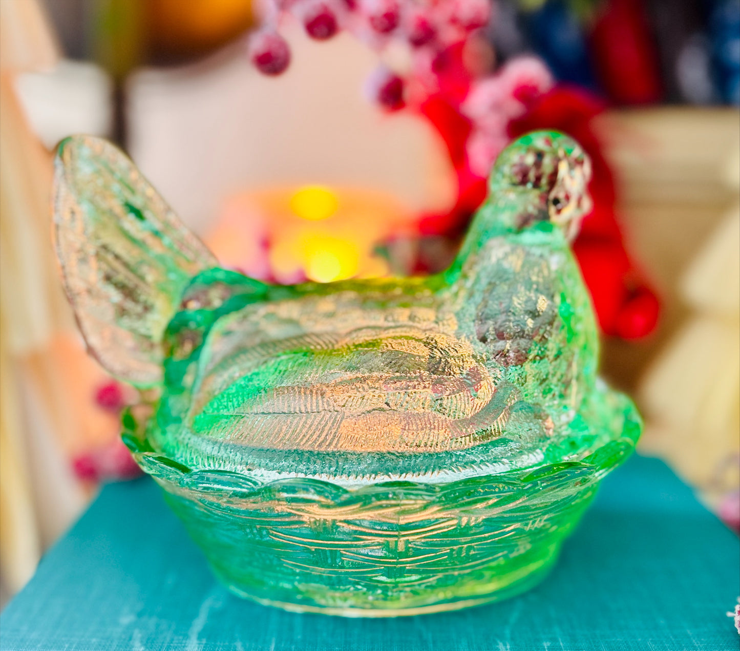 6 inch Green Glass Hen on Nest Classic Vintage Charm