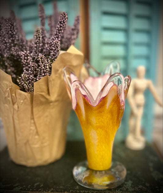 Small Vintage Hand-Blown Yellow and Pink Glass Vase.