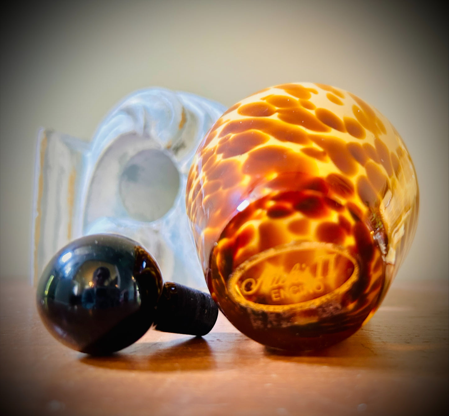 Tortoise Shell Blown Glass Perfume Bottle with Black Stopper Murano Style