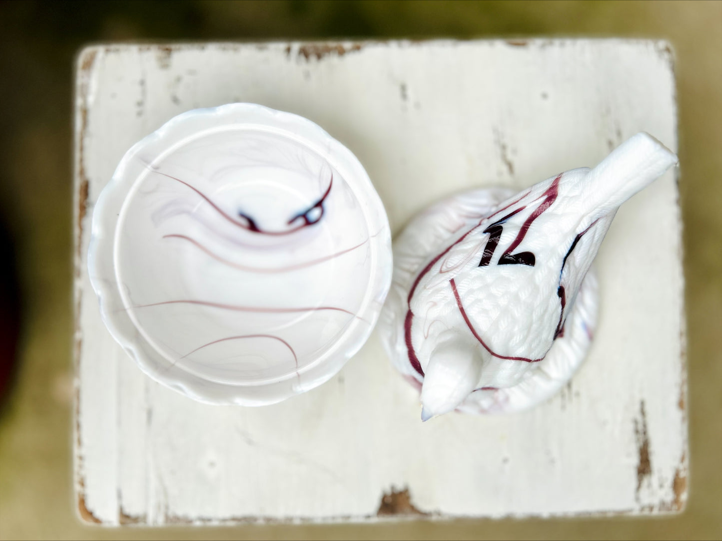 Collectible Vintage Milk Glass Slag Glass Bird on Nest- White with Purple Swirls.