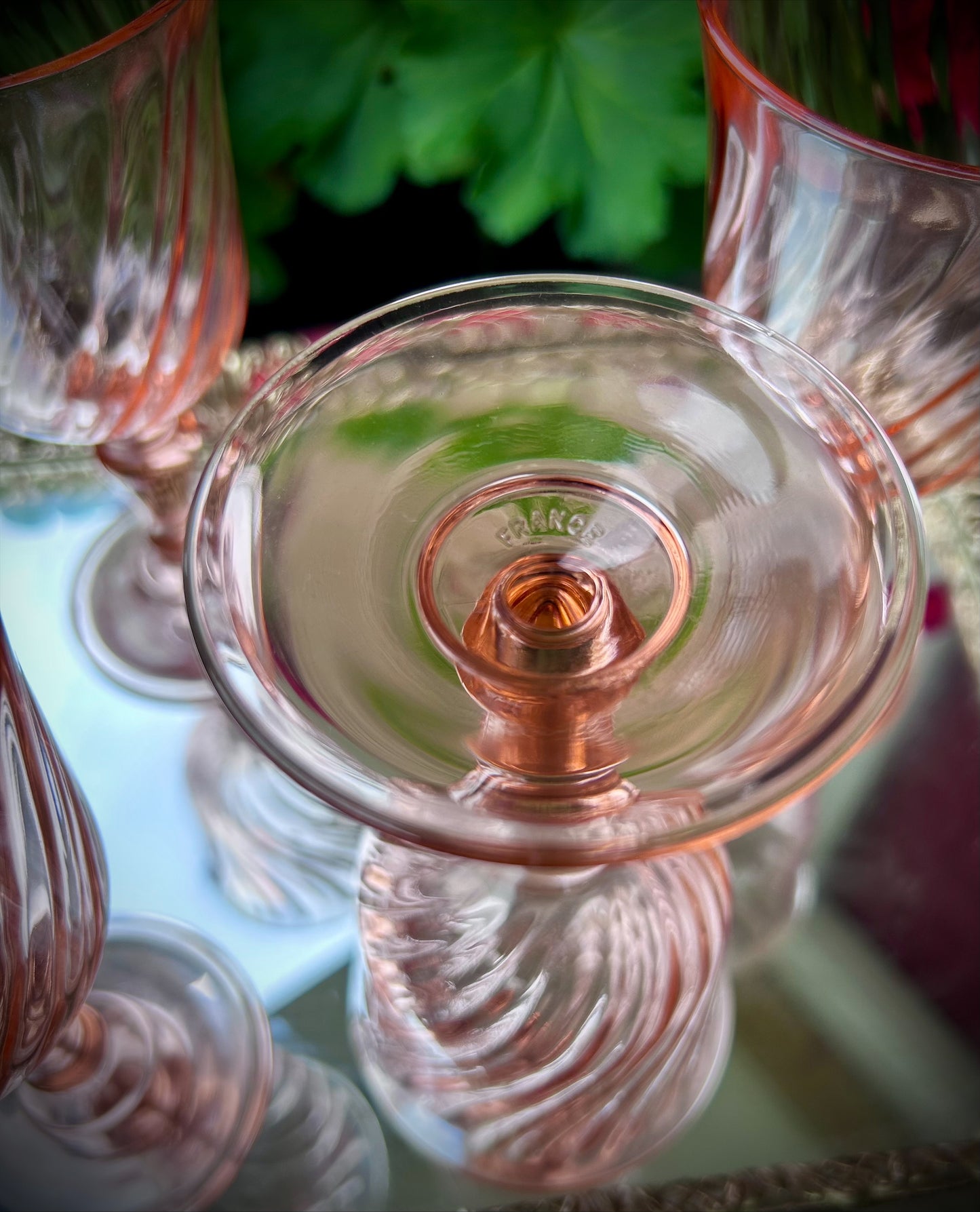 Rosaline Pink Swirl depression Glass Goblets, set of 4. Made in France