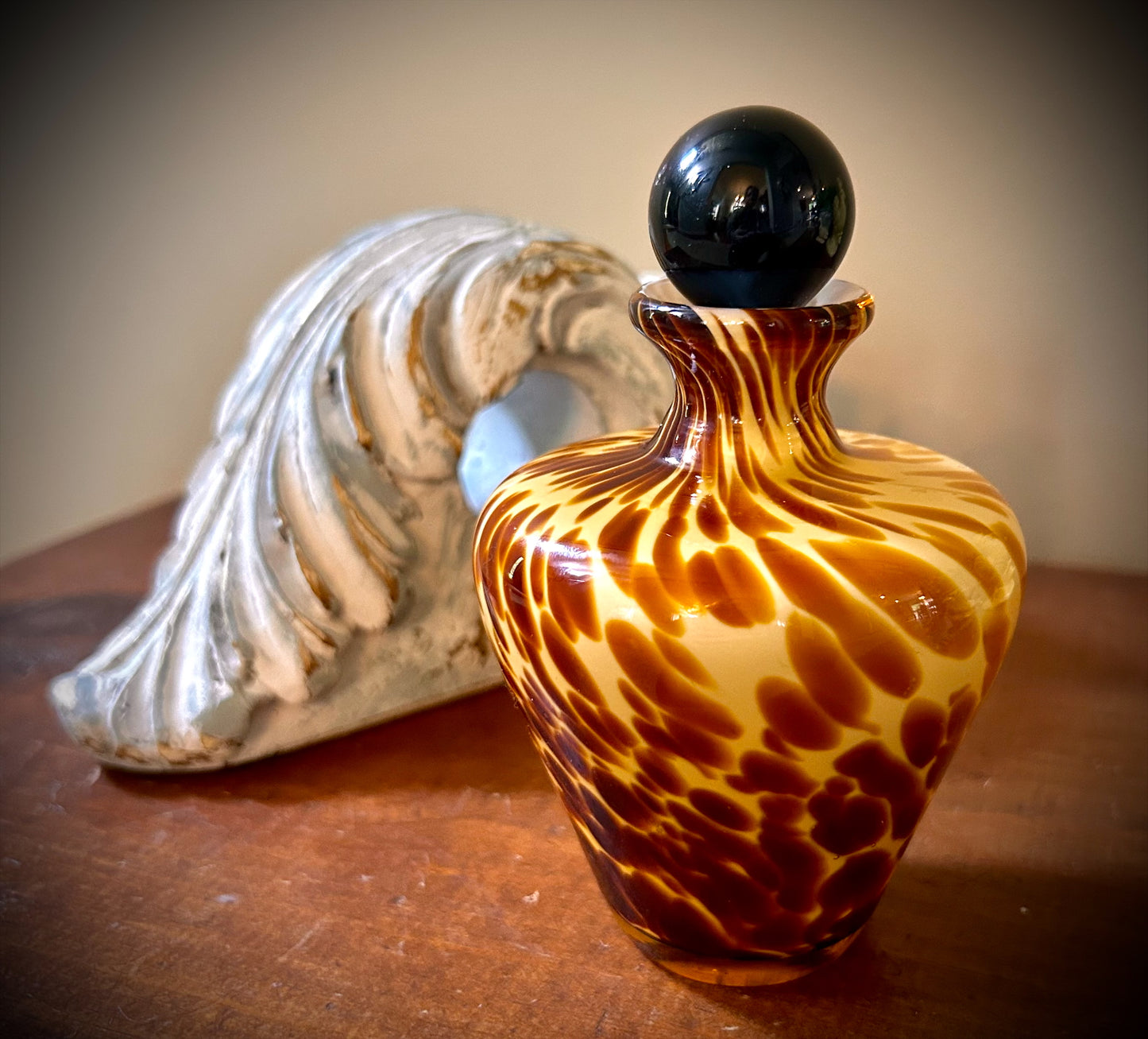 Tortoise Shell Blown Glass Perfume Bottle with Black Stopper Murano Style
