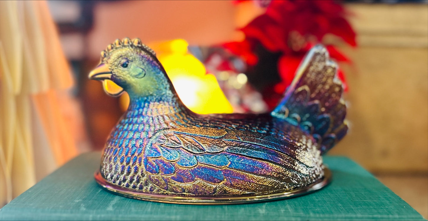 Vintage Indiana Blue Carnival Glass Hen on Nest 7" *straited/textured nest