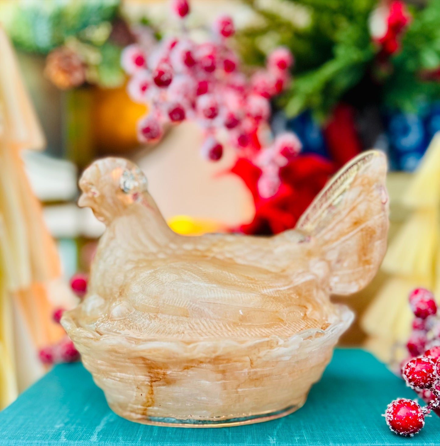 Peach Swirl Glass Hen on Nest 6"