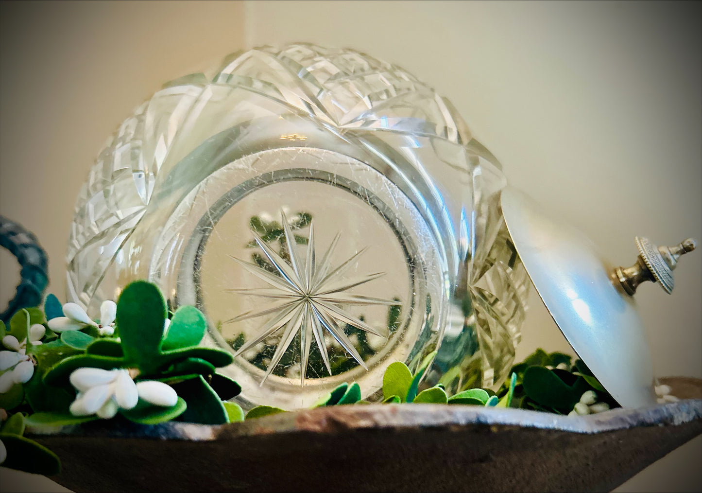 Vintage Cut Cystal Biscuit Jar with Silver lid and handle