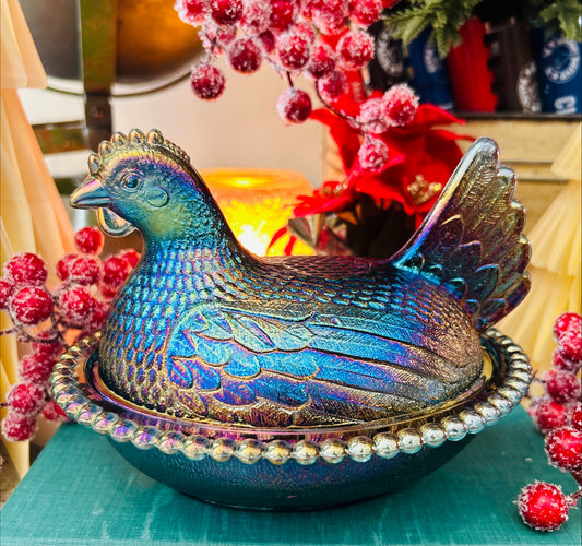 7" Indiana Dark Blue Carnival Glass Hen on Nest-Iridescent, Striated and Stunning