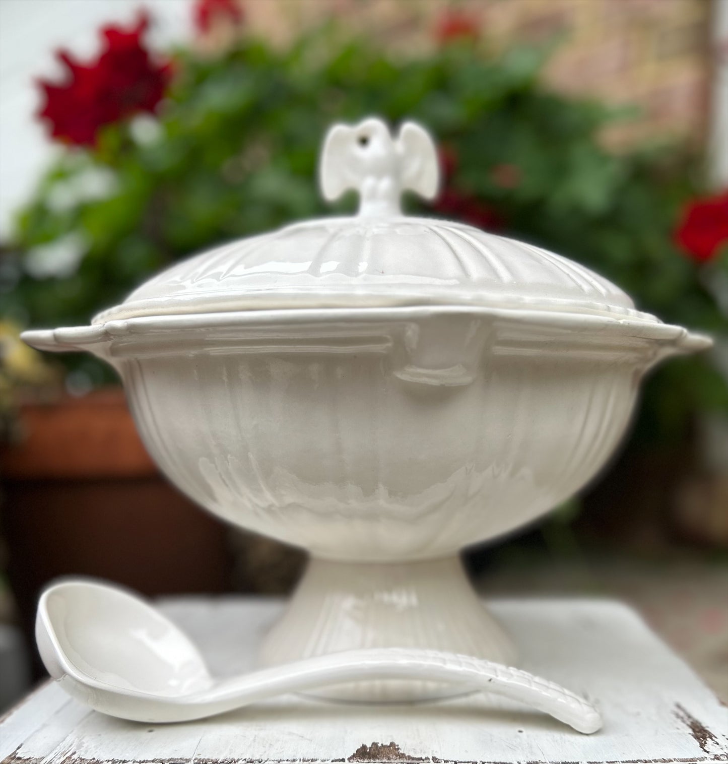 White Soup Tureen with Eagle Finial and Ladle