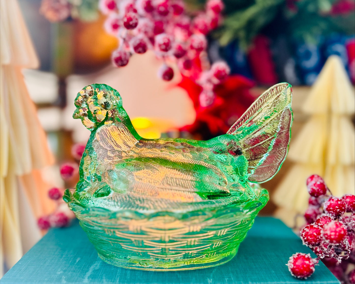 6 inch Green Glass Hen on Nest Classic Vintage Charm