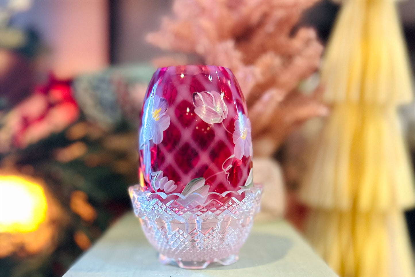 Vintage Fenton Cranberry Quilted design, Hand Painted Floral Motif, Signed Fairy Lamp